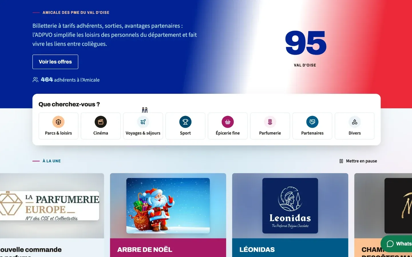 Page d’accueil du site de l’amicale : bandeau bleu, blanc, rouge, catégories d’offres et offres à la une.