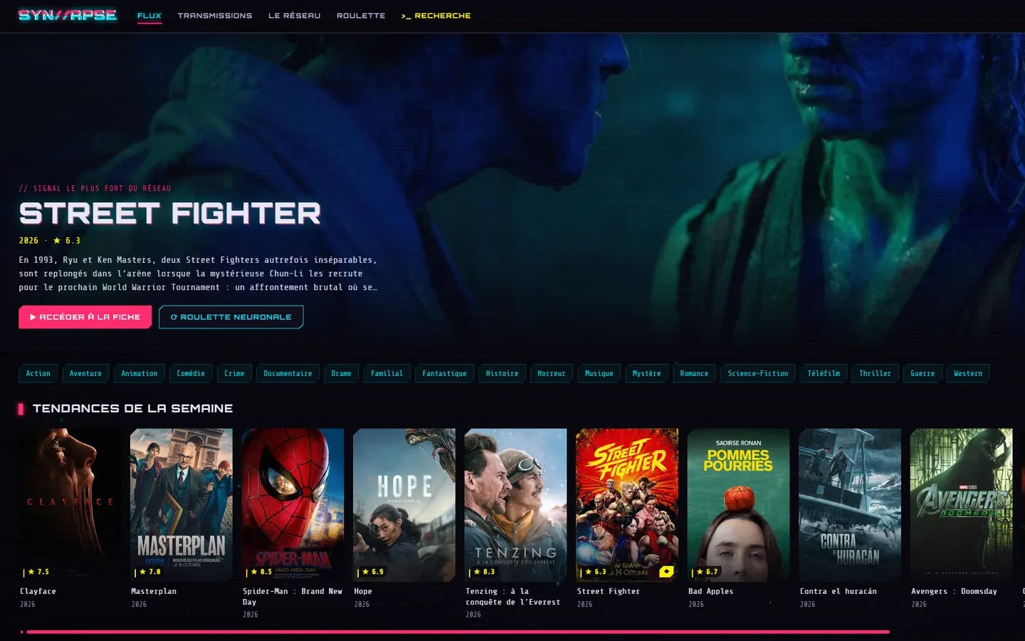 Accueil de Synapse au style cyberpunk : film à la une et rangée des tendances de la semaine.